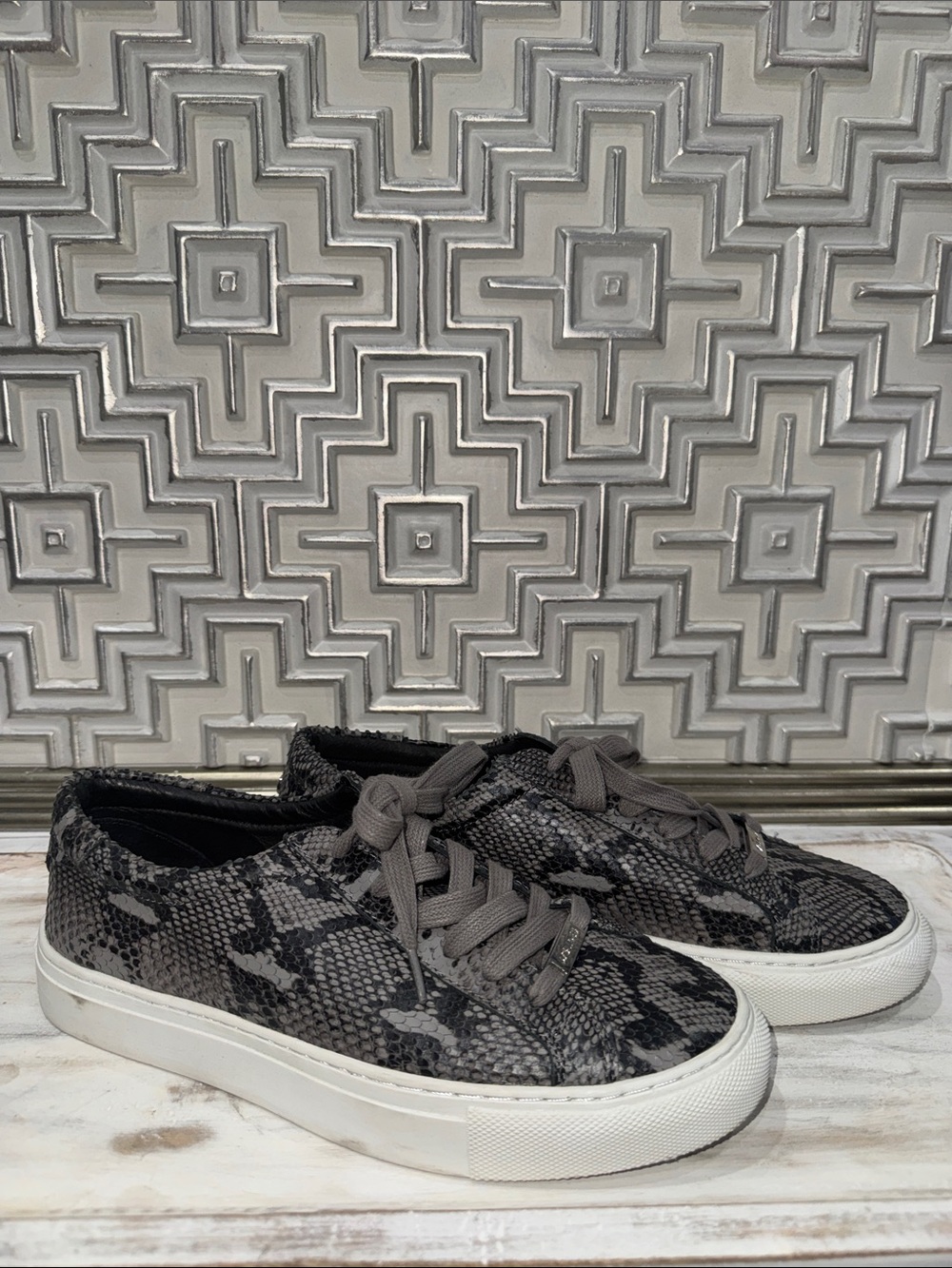 J Slides Gray Snake-Print Low-Top Platform Sneakers
